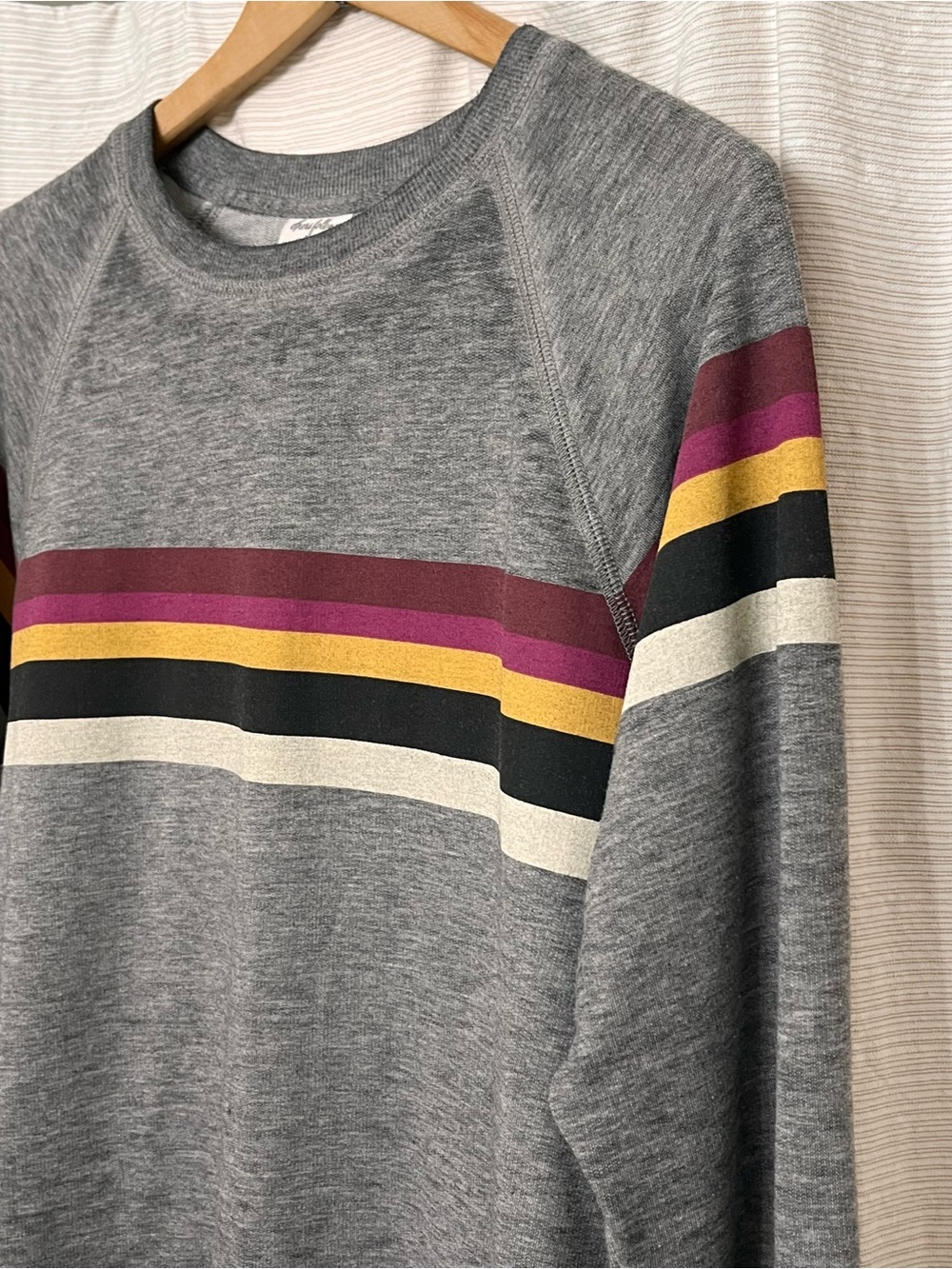 Others Follow Gray Crewneck Sweatshirt with Burgundy, Mustard and Black Stripes